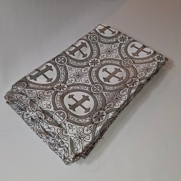 Fabric - Satin Brocade Silver Metallic Lustrous Gothic Print Fabric 3yd x 46in - Picture 16 of 16